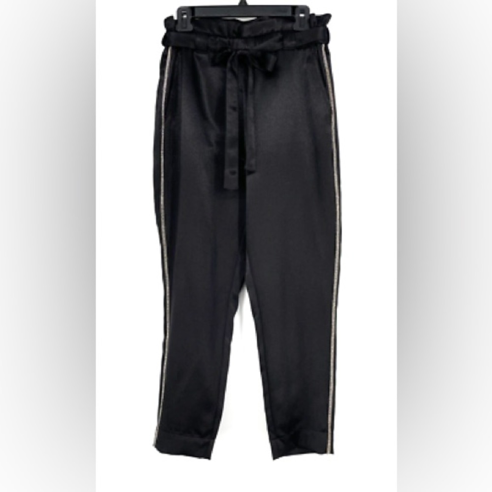Black Satin Paperbag Waist Pants with Rhinestone Tuxedo Stripe